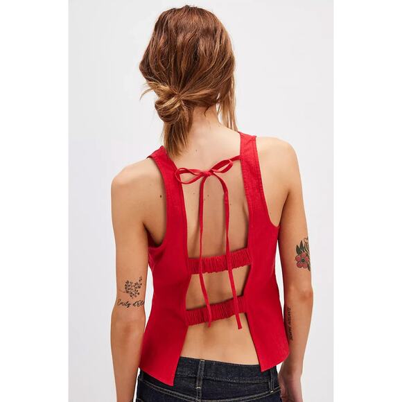 Free People Kaylor Backless Tank Top Red Linen Blend Cutout Tie Strap L - Picture 1 of 8